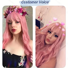 Pink Long Fluffy Curly Wavy Hair Wigs Heat Resistent Synthetic Cosplay Party