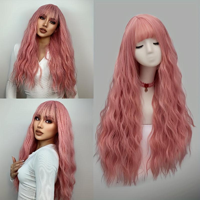 Pink Long Fluffy Curly Wavy Hair Wigs Heat Resistent Synthetic Cosplay Party