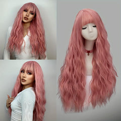 Pink Long Fluffy Curly Wavy Hair Wigs Heat Resistent Synthetic Cosplay Party