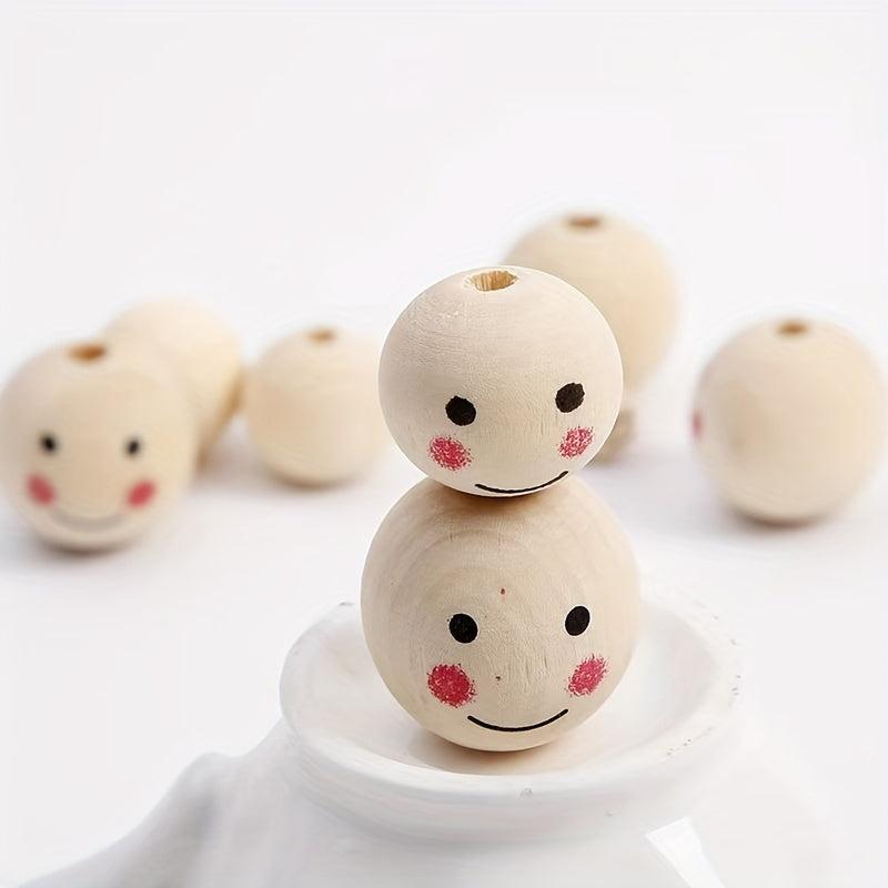 20pcs 10mm Wooden Smile Face Doll Head Beads for Kids' Crafts