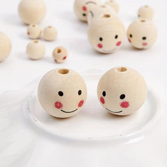 20pcs 10mm Wooden Smile Face Doll Head Beads for Kids' Crafts