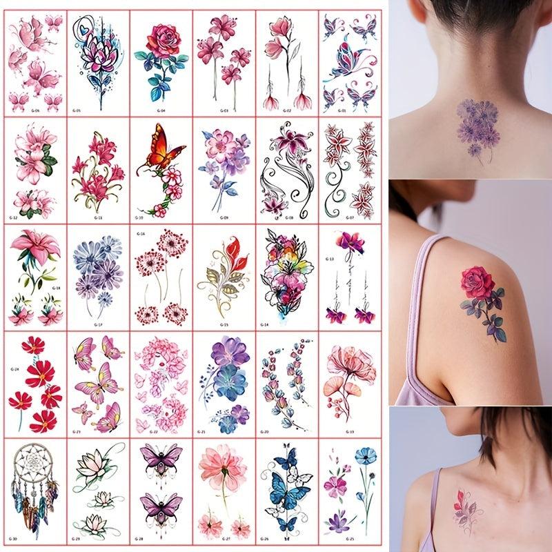 30 Sheets Flowers Temporary Tattoos For Women Waterproof Body Art Stickers