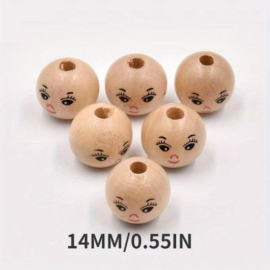 10pcs 14MM Smiley Face Doll Head Wooden Beads DIY Children's Accessories