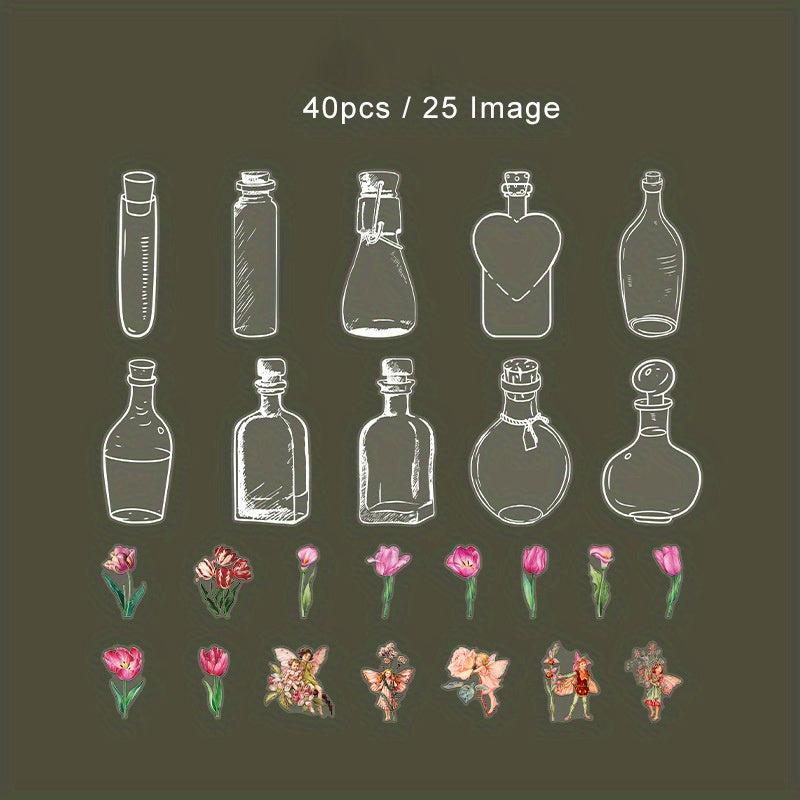 40pcs Vintage Waterproof PET Jar Plant Stickers for Crafts & Scrapbooking