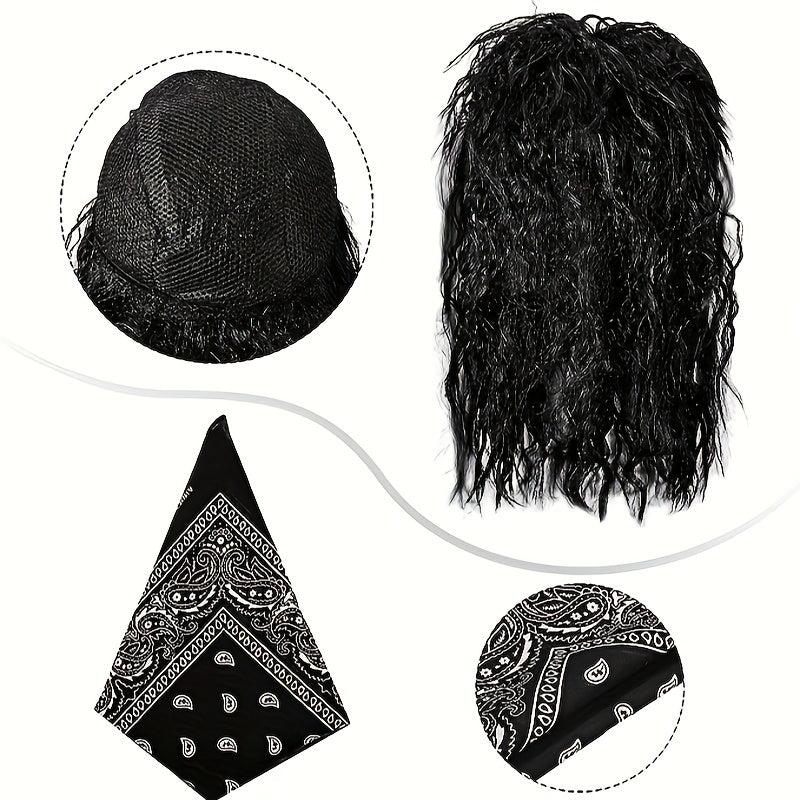 4pcs Rocker Wig Costume Set for Men 80s Rocker Headband Sunglasses Necklace