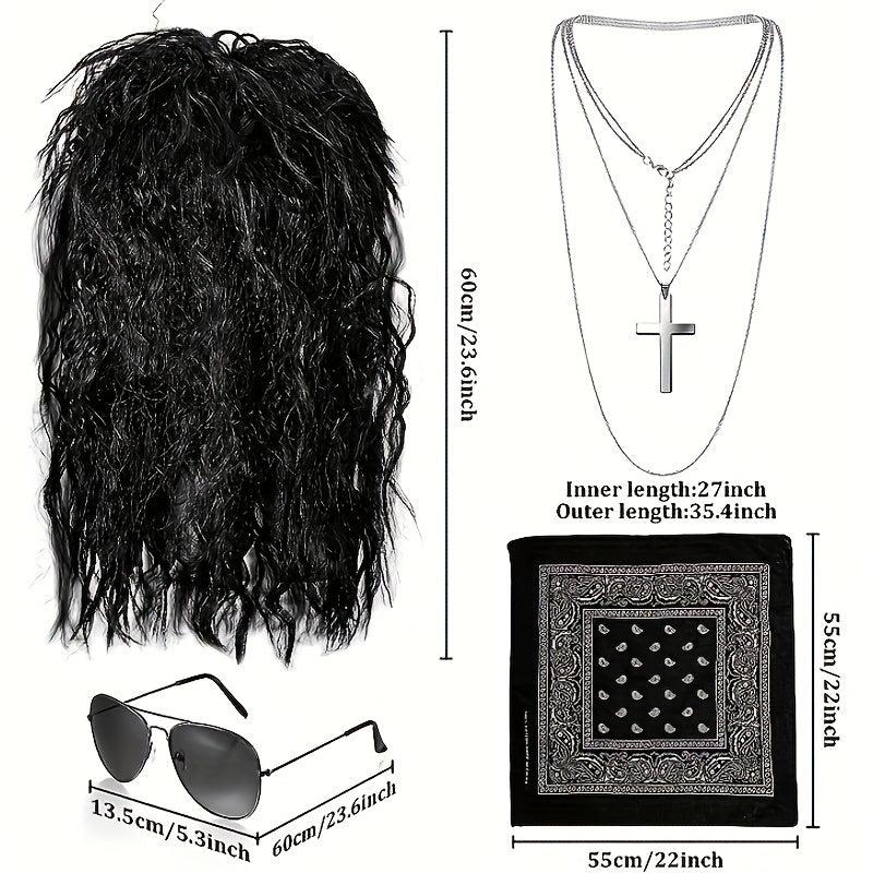 4pcs Rocker Wig Costume Set for Men 80s Rocker Headband Sunglasses Necklace