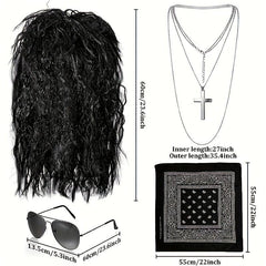 4pcs Rocker Wig Costume Set for Men 80s Rocker Headband Sunglasses Necklace