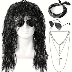 4pcs Rocker Wig Costume Set for Men 80s Rocker Headband Sunglasses Necklace