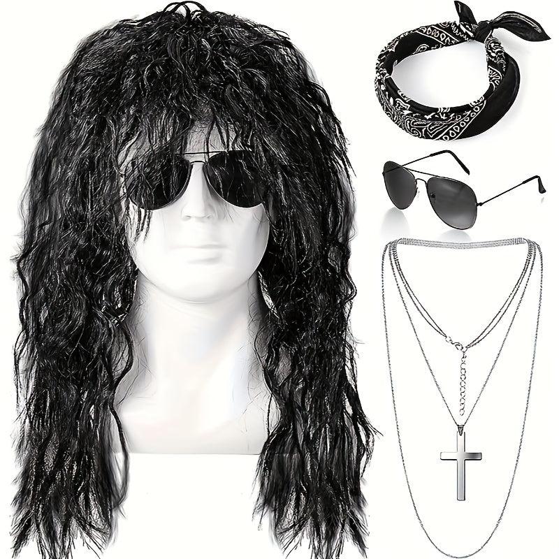 4pcs Rocker Wig Costume Set for Men 80s Rocker Headband Sunglasses Necklace