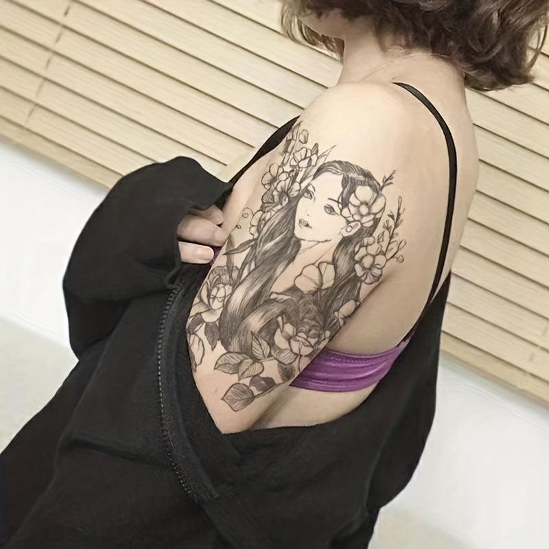 Pretty Girl And Flower Pattern Tattoo Sticker Waterproof Long Lasting Arm Tattoo