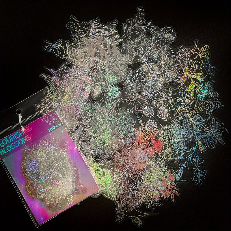 100pcs Transparent Holographic Tea Flower Stickers, Waterproof and Reusable