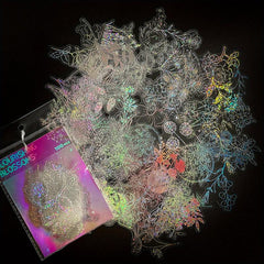 100pcs Transparent Holographic Tea Flower Stickers, Waterproof and Reusable