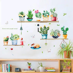 Green Cactus Flower Pot Sticker Kitchen Decor Wall Decal