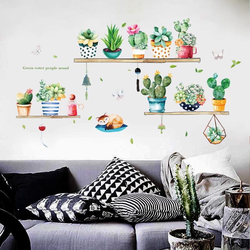 Green Cactus Flower Pot Sticker Kitchen Decor Wall Decal