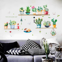 Green Cactus Flower Pot Sticker Kitchen Decor Wall Decal