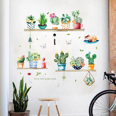 Green Cactus Flower Pot Sticker Kitchen Decor Wall Decal