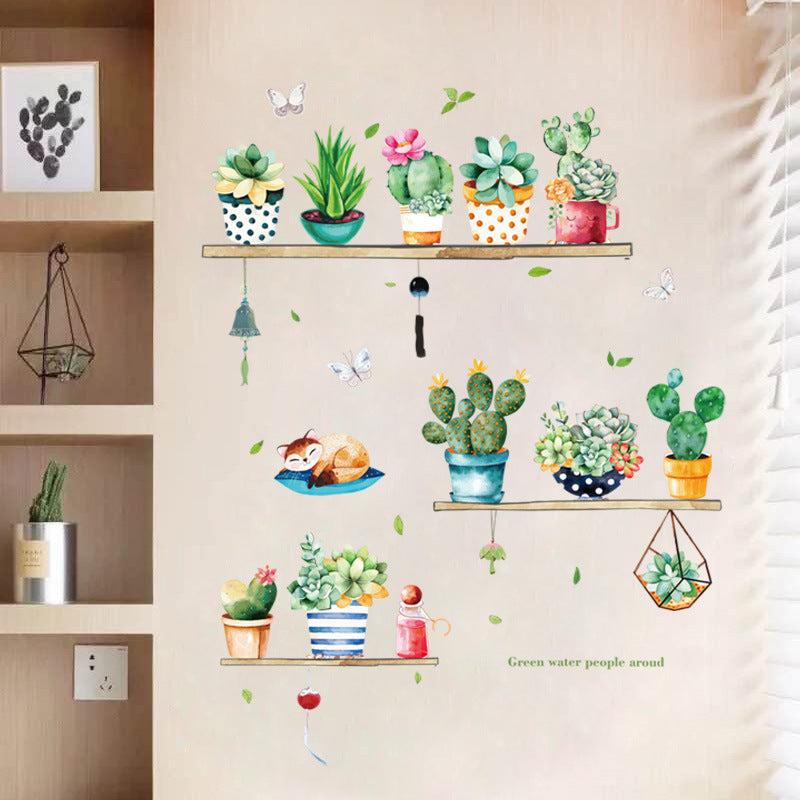 Green Cactus Flower Pot Sticker Kitchen Decor Wall Decal