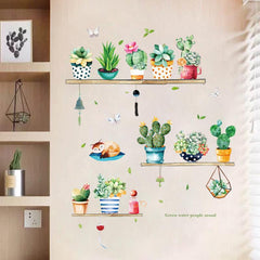 Green Cactus Flower Pot Sticker Kitchen Decor Wall Decal