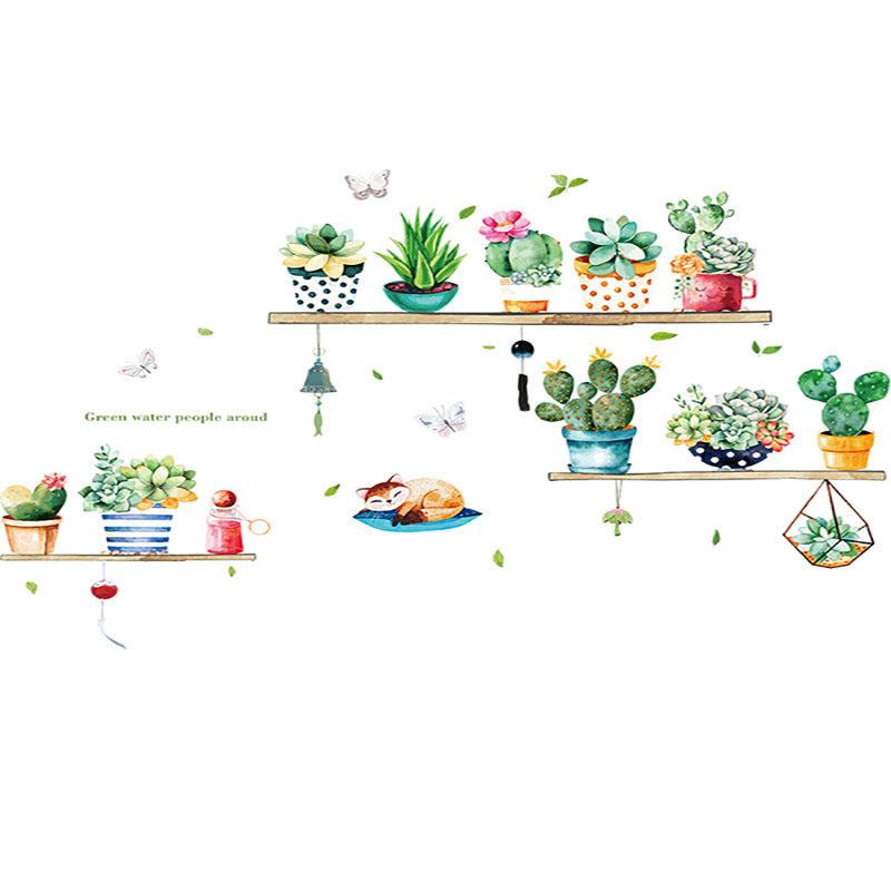 Green Cactus Flower Pot Sticker Kitchen Decor Wall Decal