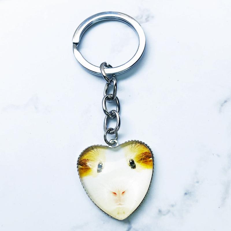 Guinea Pig Keychain Heart Shaped Glass Gem Metal Pendant Key Chain Keyring