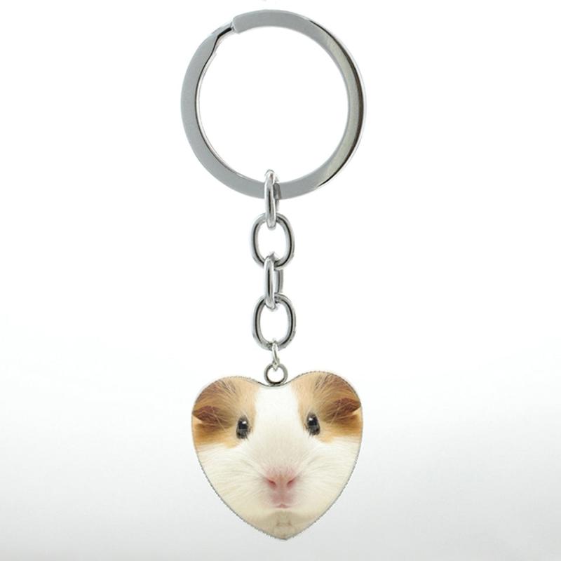 Guinea Pig Keychain Heart Shaped Glass Gem Metal Pendant Key Chain Keyring