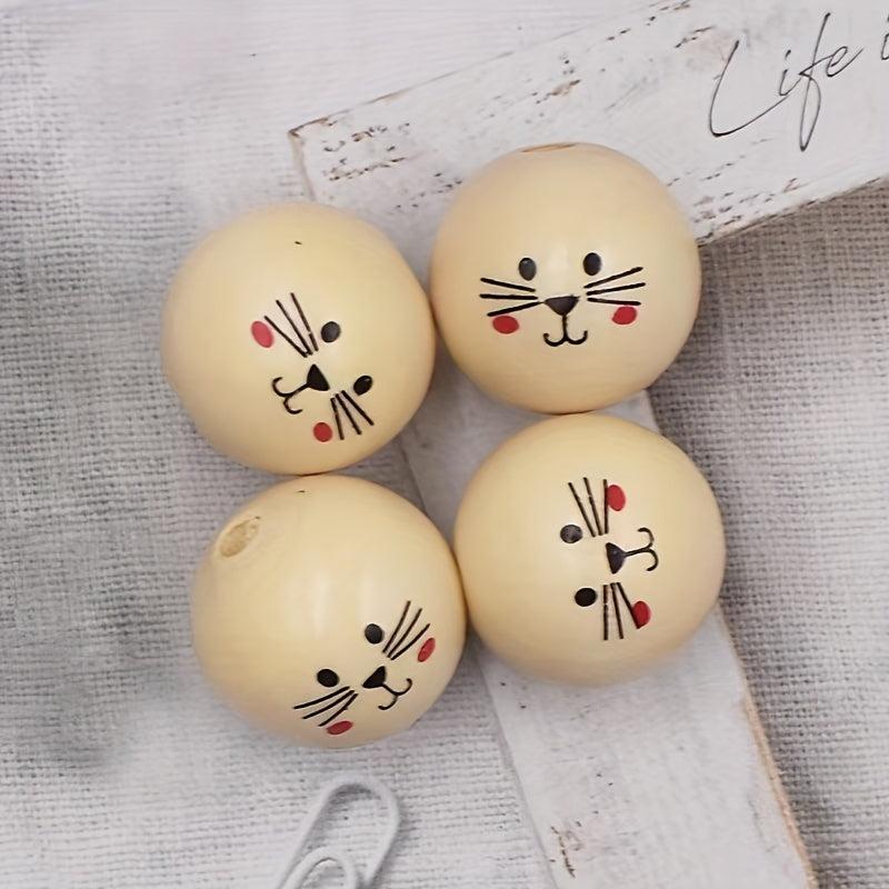 3Pcs 30MM Cat Doll Head Smiley Wooden Beads Round Loose Beads