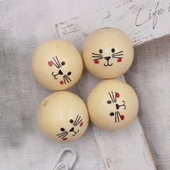 3Pcs 30MM Cat Doll Head Smiley Wooden Beads Round Loose Beads