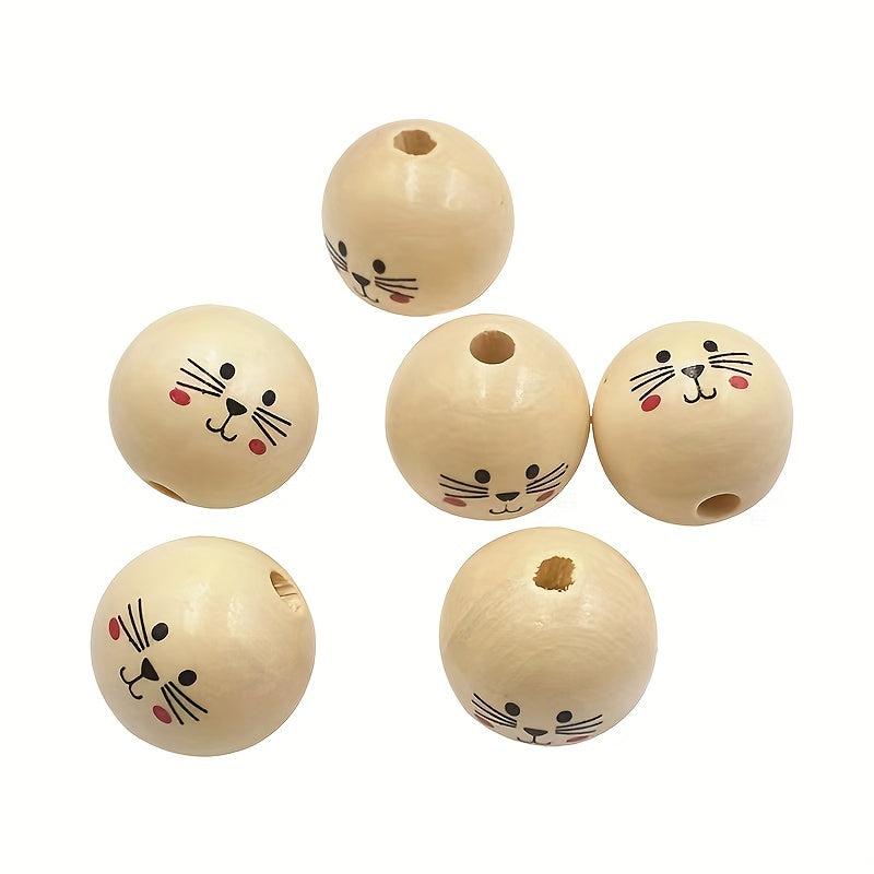 3Pcs 30MM Cat Doll Head Smiley Wooden Beads Round Loose Beads