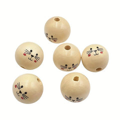 3Pcs 30MM Cat Doll Head Smiley Wooden Beads Round Loose Beads