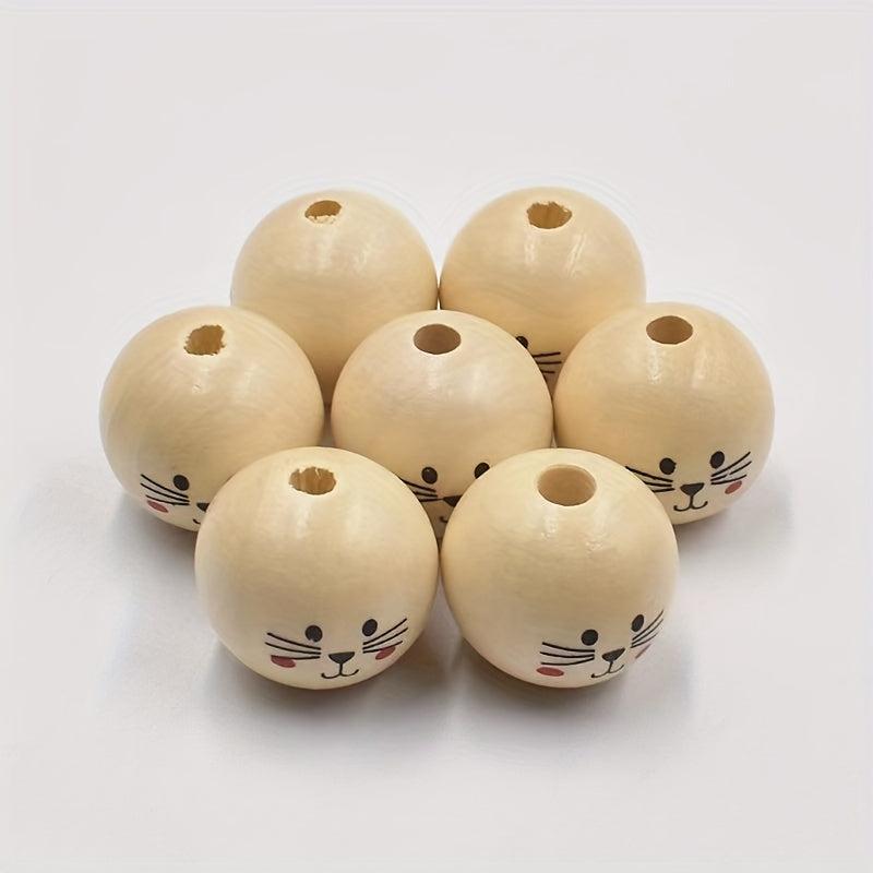 3Pcs 30MM Cat Doll Head Smiley Wooden Beads Round Loose Beads