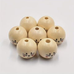 3Pcs 30MM Cat Doll Head Smiley Wooden Beads Round Loose Beads