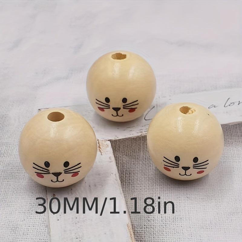 3Pcs 30MM Cat Doll Head Smiley Wooden Beads Round Loose Beads