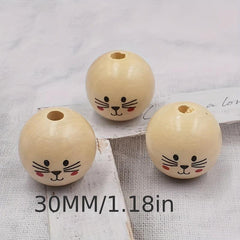 3Pcs 30MM Cat Doll Head Smiley Wooden Beads Round Loose Beads