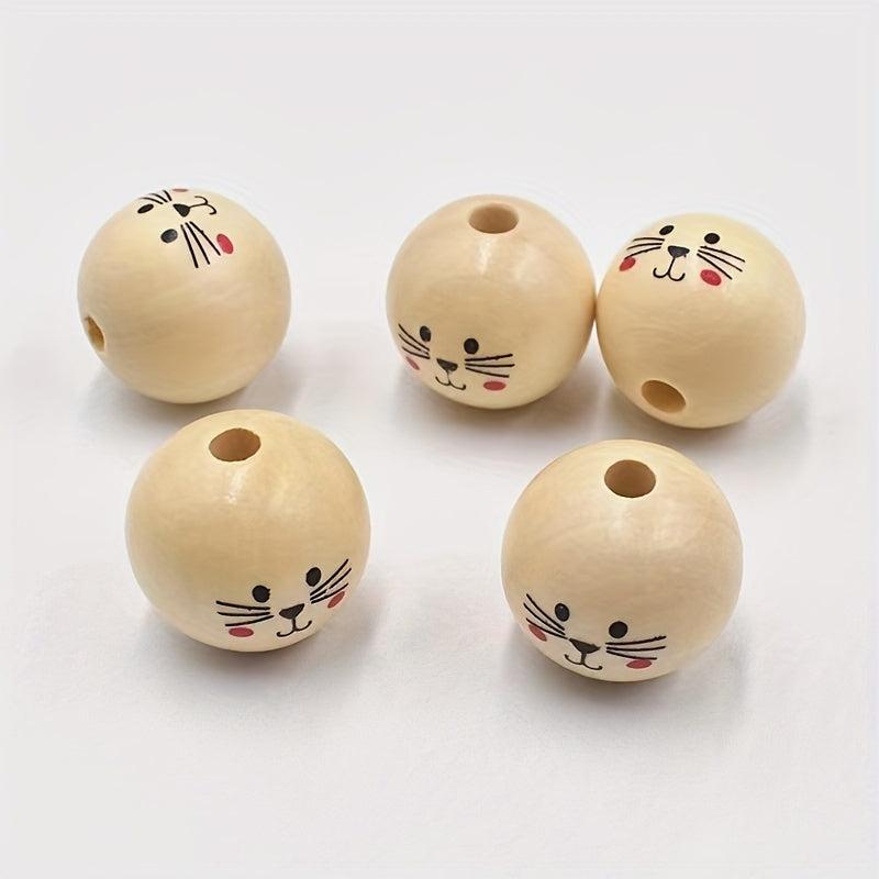 3Pcs 30MM Cat Doll Head Smiley Wooden Beads Round Loose Beads