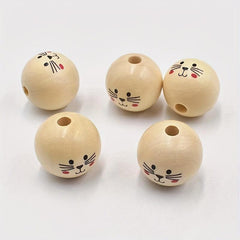 3Pcs 30MM Cat Doll Head Smiley Wooden Beads Round Loose Beads