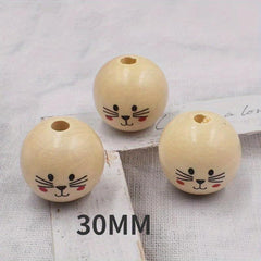 3Pcs 30MM Cat Doll Head Smiley Wooden Beads Round Loose Beads