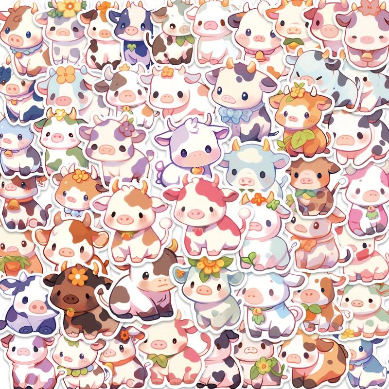 50 Pcs Cow Stickers Pack Vinyl Waterproof Cartoon Animal Sticker