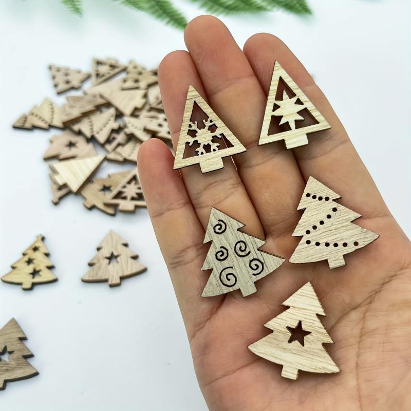 50pcs Wooden Chip Christmas Ornaments Pendant Xmas Tree Hollow Decorations