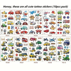 10pcs Cartoon Car Waterproof Temporary Tattoos - Fun for All Ages