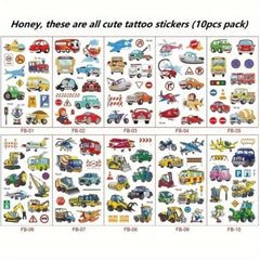 10pcs Cartoon Car Waterproof Temporary Tattoos - Fun for All Ages