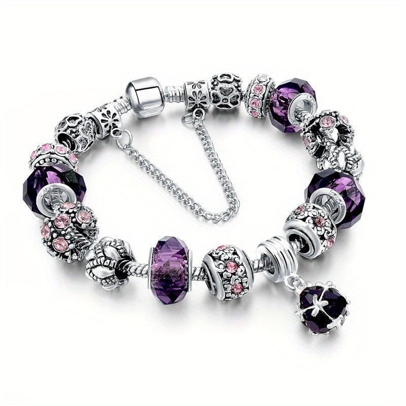 Silvery Pink Purple Cat Eye Stone Beads Bracelets Love Heart Flower Style Beads