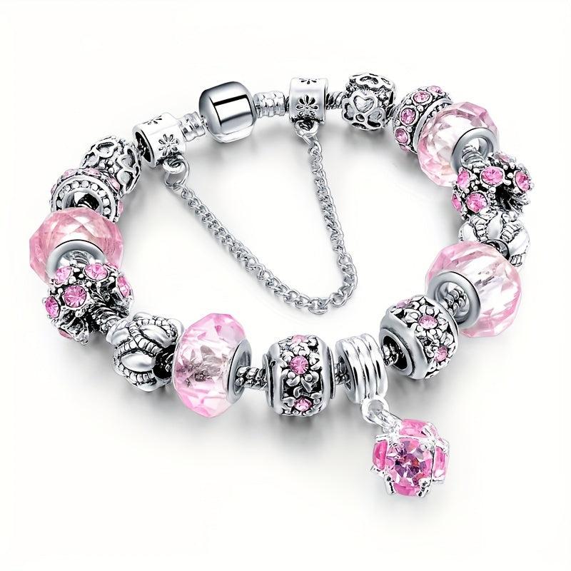 Silvery Pink Purple Cat Eye Stone Beads Bracelets Love Heart Flower Style Beads