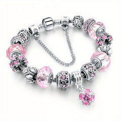 Silvery Pink Purple Cat Eye Stone Beads Bracelets Love Heart Flower Style Beads