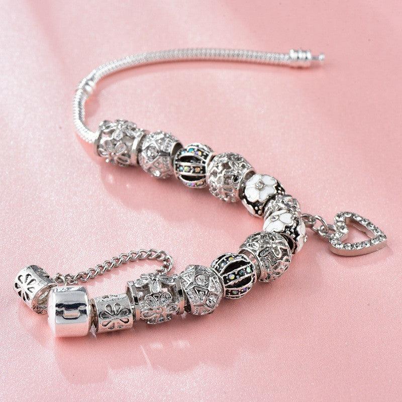 Silver Love Heart Bead Floral Bracelet with Pendant Bangles