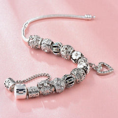 Silver Love Heart Bead Floral Bracelet with Pendant Bangles