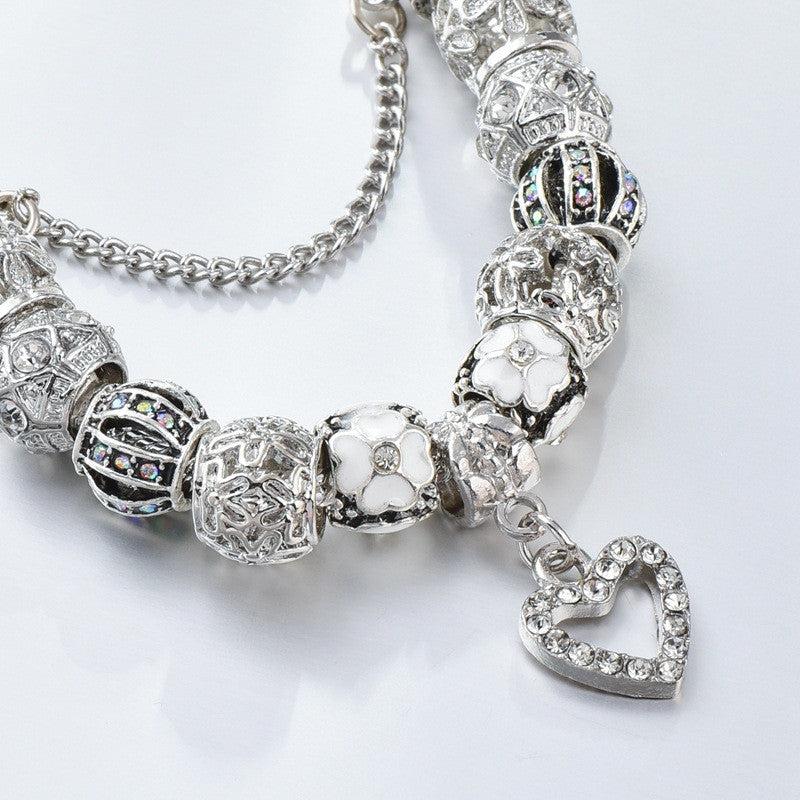 Silver Love Heart Bead Floral Bracelet with Pendant Bangles