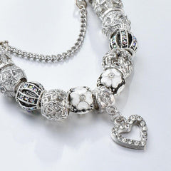 Silver Love Heart Bead Floral Bracelet with Pendant Bangles