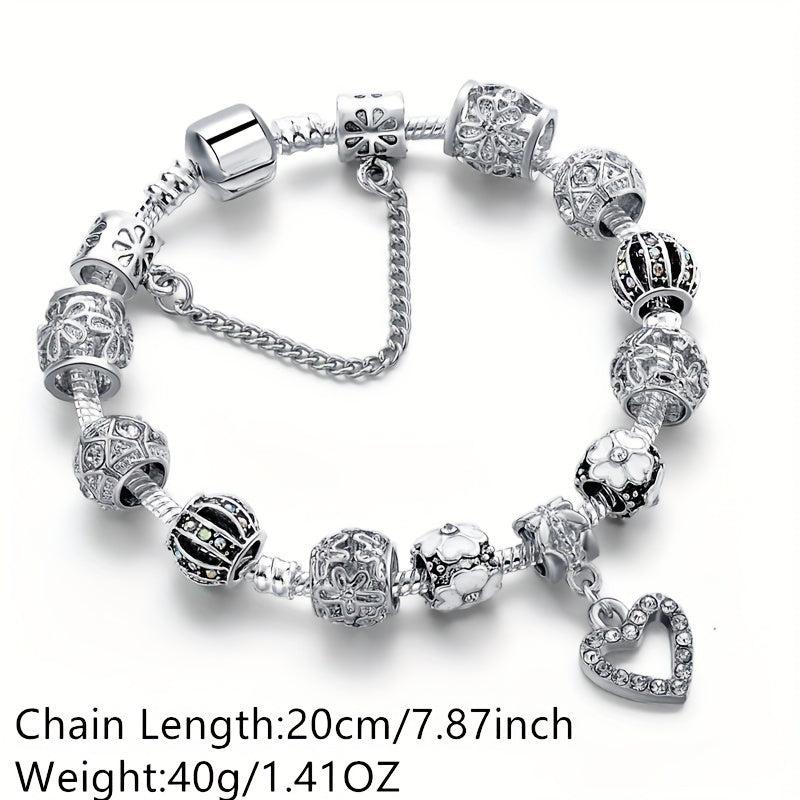 Silver Love Heart Bead Floral Bracelet with Pendant Bangles