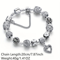 Silver Love Heart Bead Floral Bracelet with Pendant Bangles