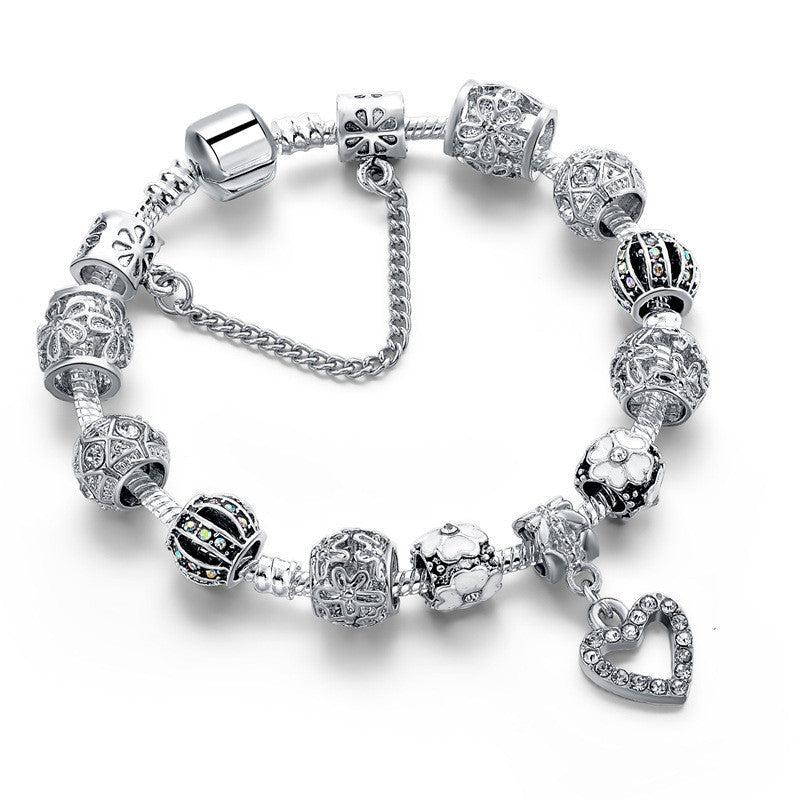 Silver Love Heart Bead Floral Bracelet with Pendant Bangles